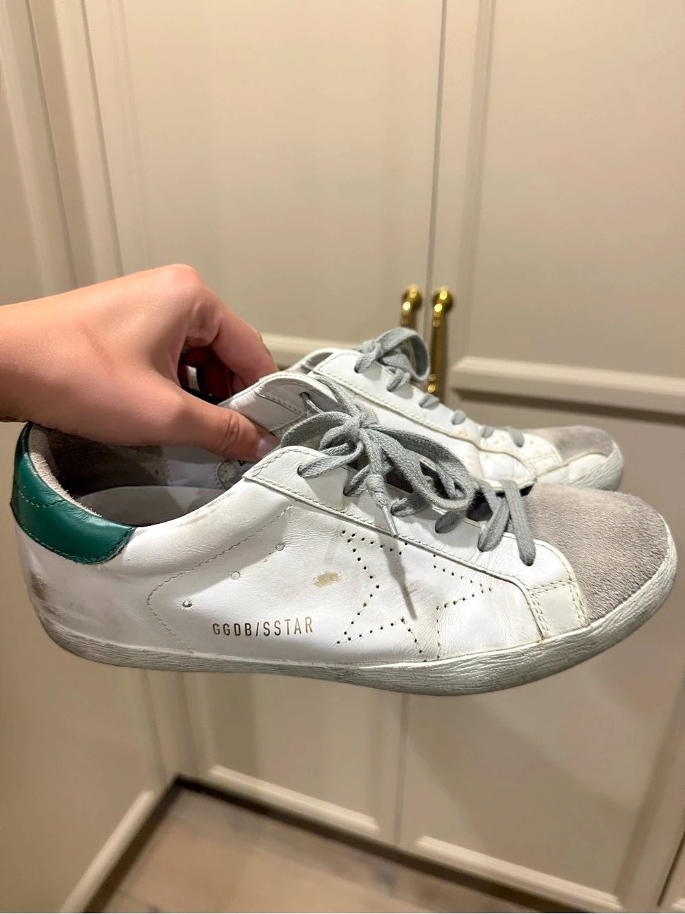 Golden Goose Super-Star Sneakers with Green Heel Tab White & Green